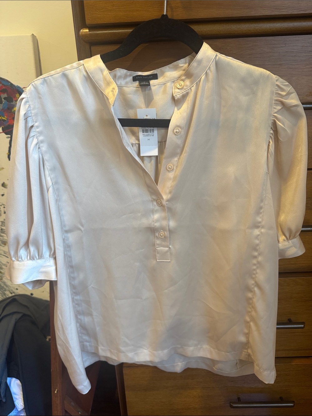 Ann Taylor Light rose Satin Split-Front Puff Sleeve Blouse